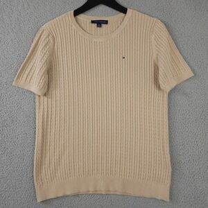 Tommy Hilfiger Sweater Womens L Beige Cable Knit Short Sleeve Pullover Knit Top